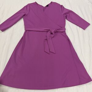 Lands End Purple  Faux Wrap V Neck Dress Size Large 14-16 Tie Waist Long Sleeve